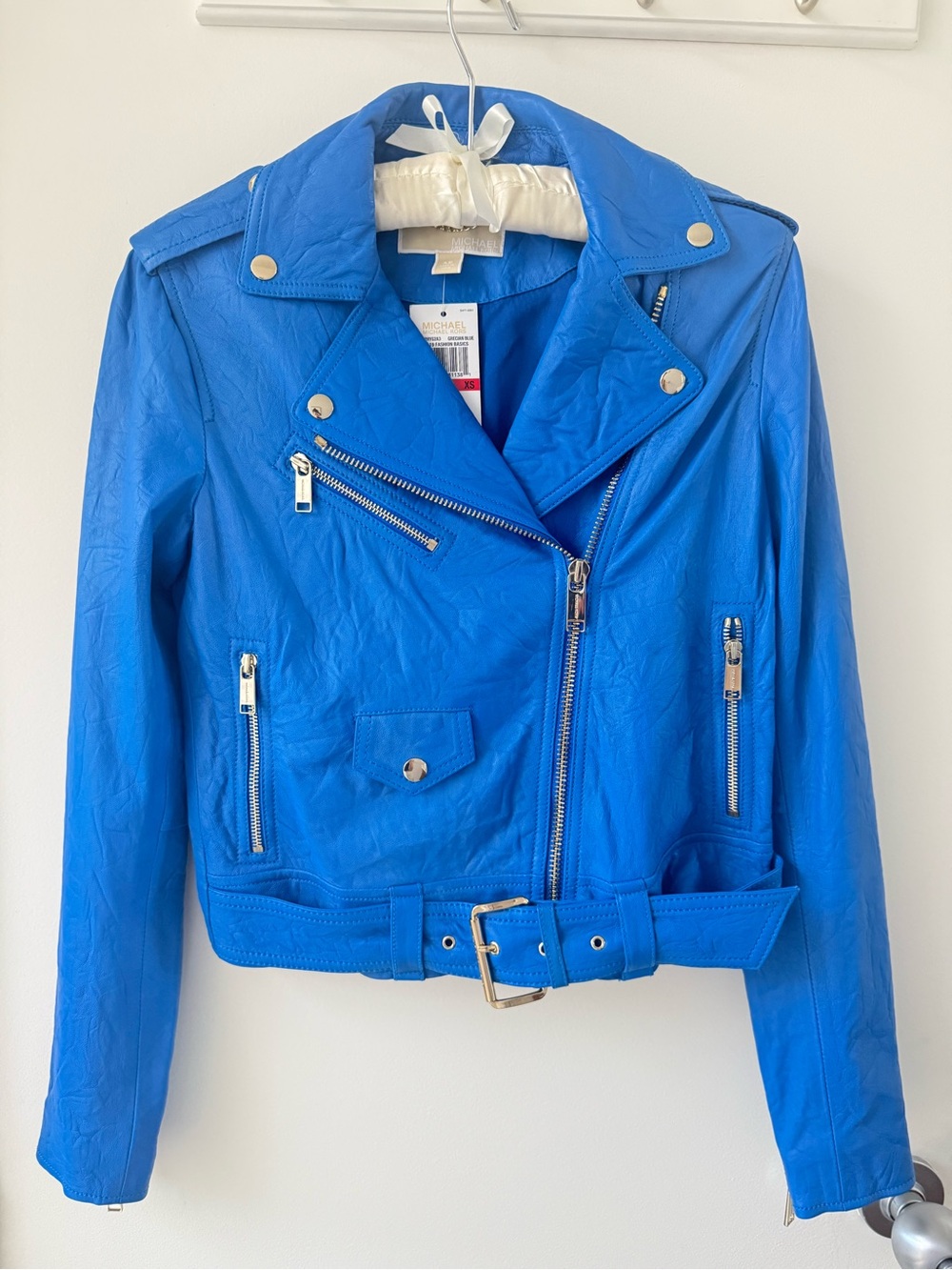 Michael Kors Grecian Blue Belted Leather Moto Jacket XS NWT